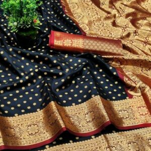 Silk with all over Buti and Heavy Work Anchal (Black)