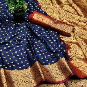 Silk with all over Buti and Heavy Work Anchal (Navy Blue)