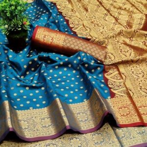 Silk with all over Buti and Heavy Work Anchal (Blue)