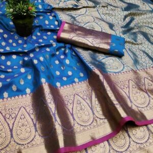 Silk with all over Buti and Heavy Work Anchal (Cyan Blue)