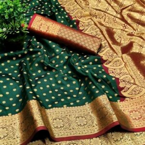 Silk with all over Buti and Heavy Work Anchal (Bottle Green)