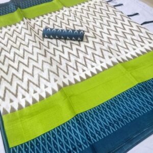 Khadi Cotton Silk (White, Green & Blue)